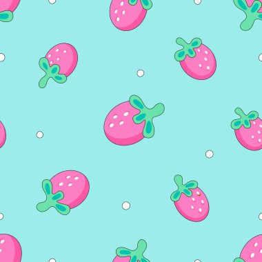 Simple cute seamless pattern with pink strawberries white dots, on blue background. Vector Tile. Decorative illustration for fabric, paper, wrapping, backdrop.