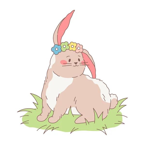 Cute Fluffy Easter Rabbit Wreath Flowers Vector Illustration Plump Hand — Stock Vector