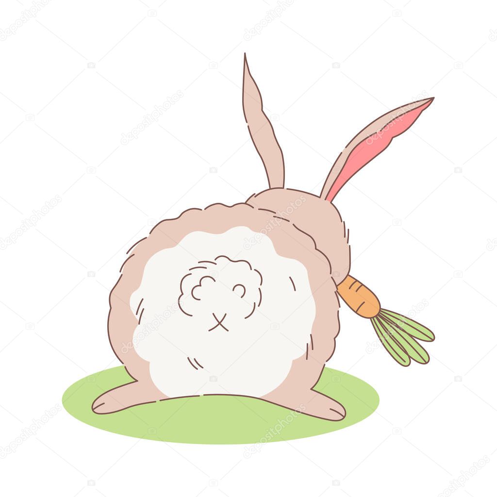 Cute Bunny chews on a carrot. Rabbit eats a carrot. Back view. Vector illustration of the butt of a gray plump easter bunny. Cute fluffy rabbit back side. Cartoon style design easter picture.