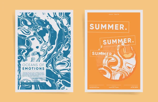 Summer Beach poster tasarımı seti. Vektör sulu portakal suyu ve okyanus mavisi dalgalı sörf desenli poster, levha, broşür ve broşür için arka plan örtüsü.