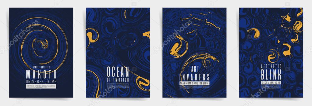 Future space universe abstract template design with typography for poster, flyer, event brochure, placard, presentation or cover. Black blue yellow colors, rounded neon shapes background set.