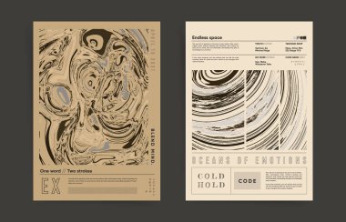 Olay veya sergi için poster şablonu ayarlandı. Broşür tasarımı. Estetik tasarım daveti. Soyut turuncu mavi arka plan koleksiyonu. Vektör modern sanat