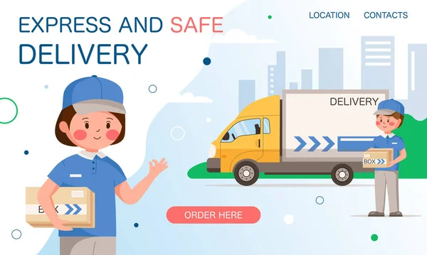 Başvuru ya da web sayfası için ekspres ve güvenli servis paket kurye teslimat kavramı. Mavi ve teslimat minibüslü genç kurye kızla düzenlenebilir arkaplan çizimi.