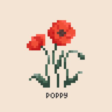 Pikselli haşhaş. 90 'ların klasik oyun ikonu 8 bit kırmızı gelincik çiçeği. Vektör piksel gelincik oyunu deseni.