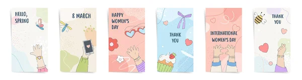 8 Mart Kadınlar Günü Satış Hikayeleri Pankartları Moda Şablonu. Yeni hikayeler, tanıtım yazları için bahar tasarımı. Sevimli kız elleri, pastalar, kalpler ve çiçekler mavi ve kırmızı renkte..