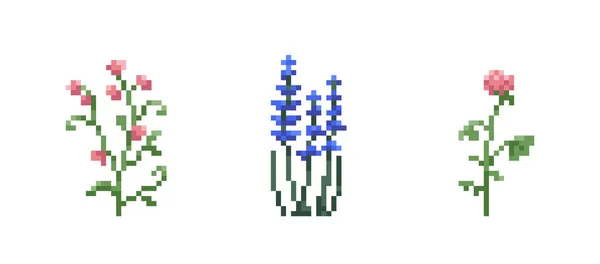 Sada Pixelových Uměleckých Květin Ročník 90S Hraní Bit Ikona Růžové — Stockový vektor