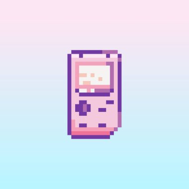 Pixel art retro game console icon. 8 bit vector sticker or smile of handheld console in 90s gaming style. Mosaic trendy funky pixel pocket game computer gadget sign.