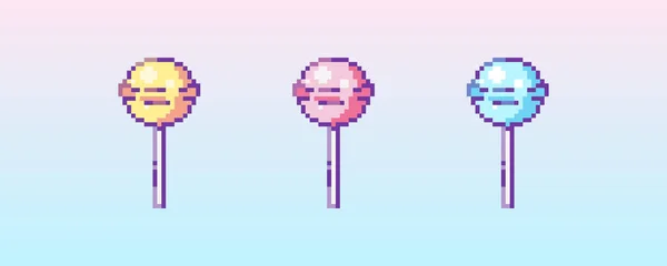 Pixel Art Lollipop Icon Bit Vector Sticker Smile Lollipop Candy — Stock vektor