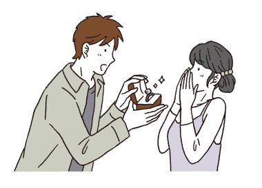 Evlenme teklif eden bir adam ve mutlu bir kadının basit bir dokunuşu.