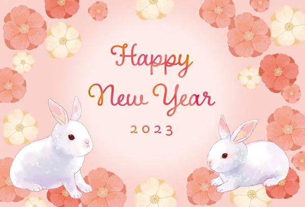 2023 Рік Кролячої Ілюстрації Простого Милого Кролика Японського Квіткового Дизайну — стокове фото