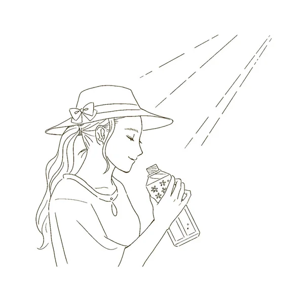 Ομορφιά Εικονογράφηση Μιας Γυναίκας Καπέλο Και Πόσιμο Νερό — Διανυσματικό Αρχείο