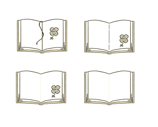 Ikon Illustration Uppsättning Pressade Blommor Och Öppen Bok — Stock vektor