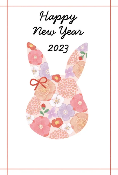 Tavşan 2023 Yılı Basit Şirin Japon Çiçeği Desenli Yeni Yıl — Stok fotoğraf