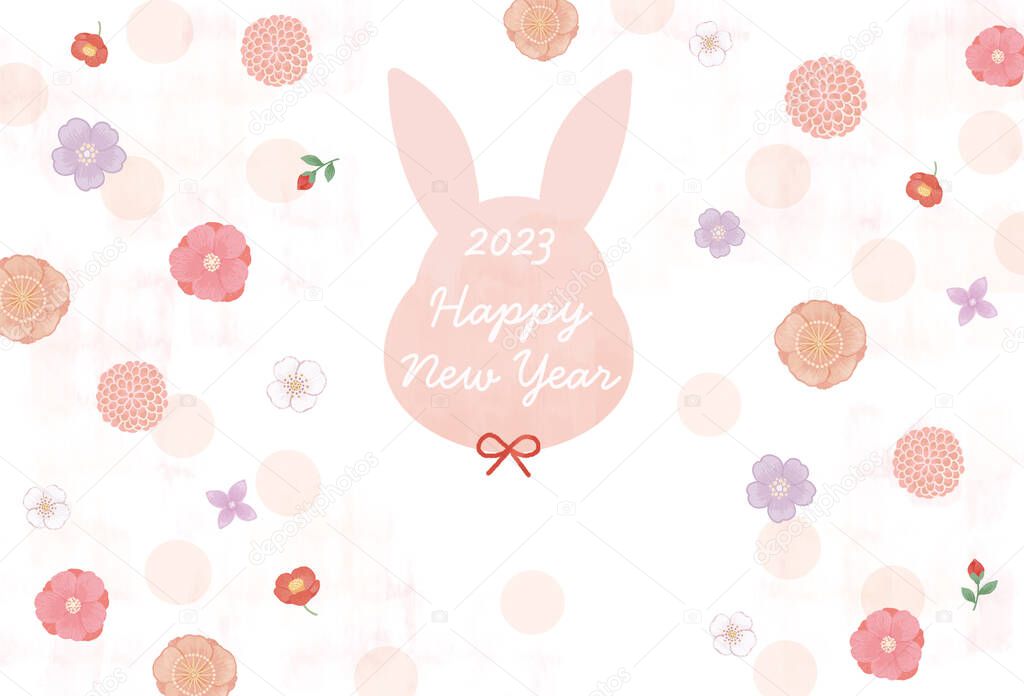 Year of the Rabbit 2023 - Simple and cute Japanese flower patterned New Year's card illustration