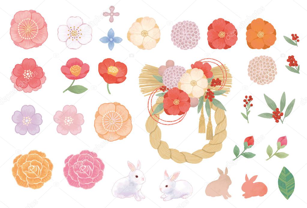 Simple and cute Japanese style flower and rabbit illustration set