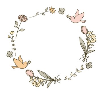 Simple touch Natural botanical plant and bird wreath illustration