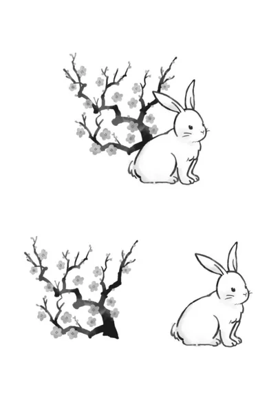 Illustration Cute Rabbit Plum Tree Ink Painting Style — Stockfoto