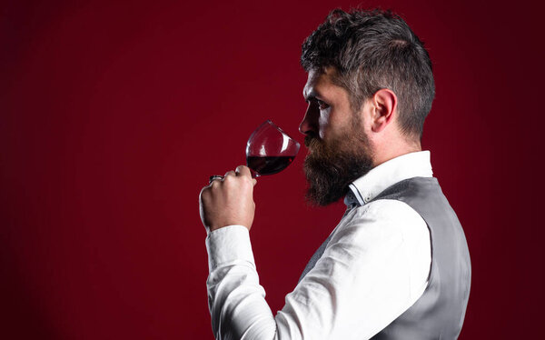 Restaurant. Degustation. Sommelier with Red wine. Male with alcohol. Bearded man with wine glass. Copy space for advertising.