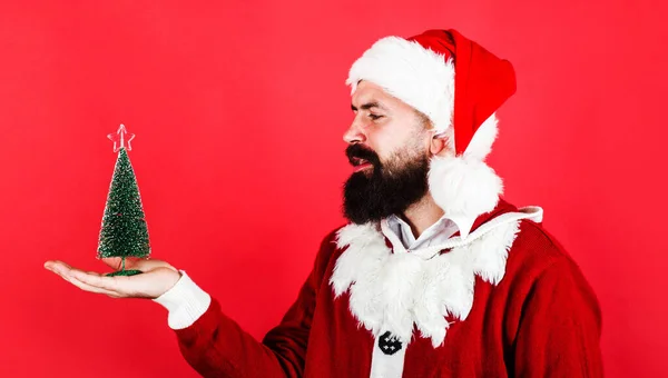 Nowy Rok. Mikołaj z małą choinką. Człowiek z brodą z małą jodłą. Sprzedaż i rabat. — Zdjęcie stockowe