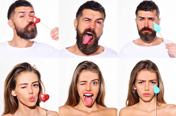 Verschillende emoties, man en vrouw. Gezichtsuitdrukking. Emoties collage. Gevoel en emotie. — Stockfoto