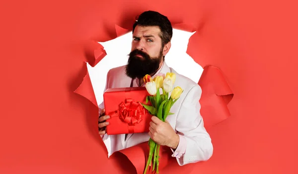 Bearded man with bouquet of flowers and gift box. Romantic male with present and tulips. Valentines Day, Womens Day.