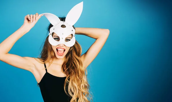 Happy girl in carnival Easter rabbit mask. Sensual woman in sexy lingerie and white bunny ears. — Photo