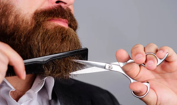 Barbershop. Bearded man with scissors and comb. Closeup. Professional beard care. Barber tools.