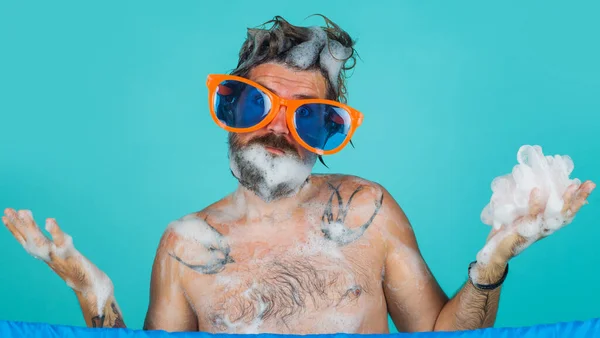 Bearded Man Wash Body Moisturizing Gel Shower Surprised Guy Big — Stock Photo, Image