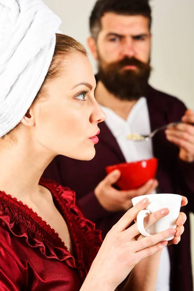 Een Paar Ontbijten Man Vrouw Koffie Ochtend Liefde Romantische Levensstijl — Stockfoto