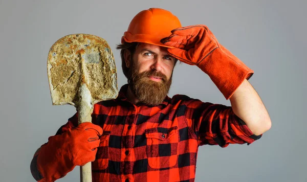 Smiling Builder Hard Hat Shovel Workman Work Gloves Spade Building — Stock Fotó