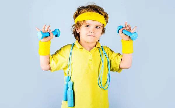 Boy Jumping Rope Dumbbells Fitness Kid Sport Childhood Activity Child — Stock Fotó