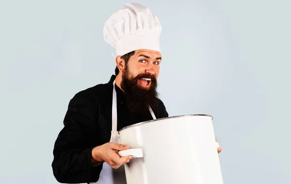 Professional Chef Cooking Pot Bearded Man Cook Uniform Saucepan Food — Fotografia de Stock