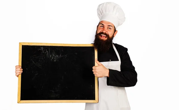 Smiling Chef Cook Baker Blackboard Shows Thumb Cooking Advertisement Food — Fotografia de Stock