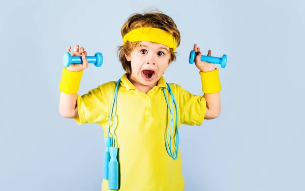 Fitness Child Sporty Boy Jumping Rope Dumbbells Gym Workout Sport — ストック写真