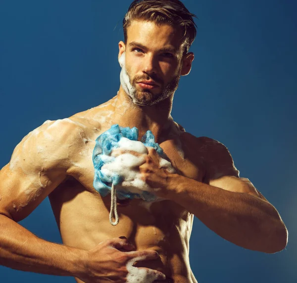 Guapo Sexy Musculoso Hombre Tomar Ducha Baño Lavado Matutino Higiene — Foto de Stock