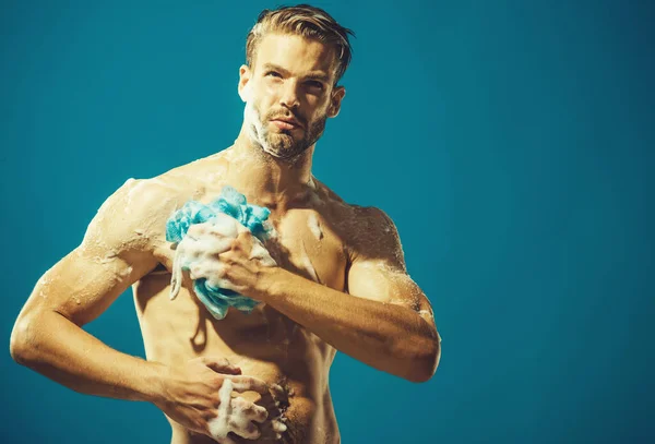 Sexy Macho Taking Shower Bearded Hipster Washing Body Sponge Skin — Stockfoto