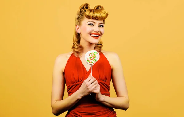 Beautiful Girl Fashion Hairstyle Lollipop Sexy Woman Candy Sucker Sweet — Photo