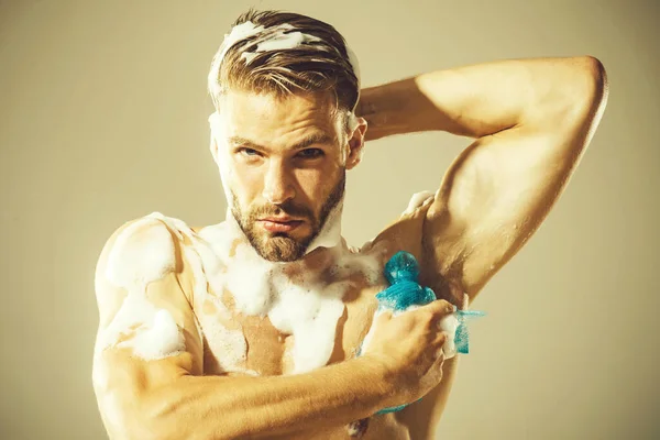 Sexy Man Washing Body Bathroom Handsome Unshaven Macho Strong Muscles — Stockfoto