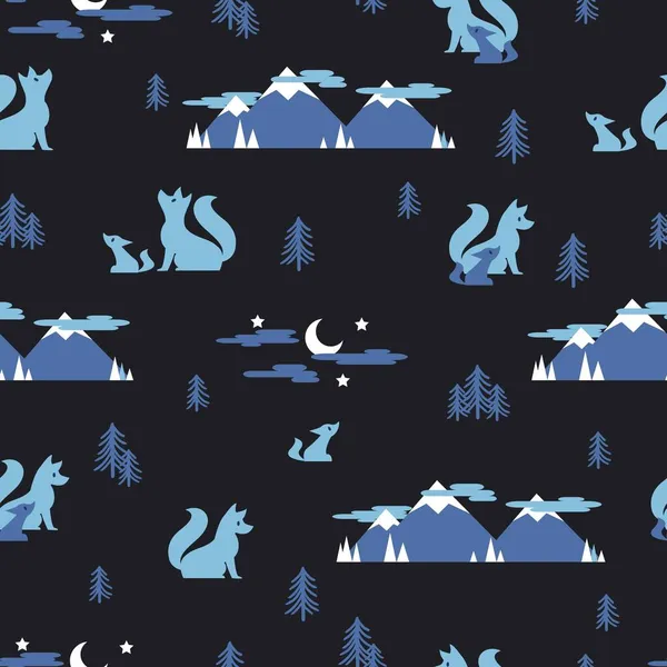 Wolfs Night Pine Forest Mountain Vector Graphic Art Padrão Sem —  Vetores de Stock