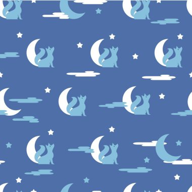 Wolf and The Moon in the Night Vector Graphic Art Diamless Destern, arka plan ve giysi tasarımı için kullanılabilir.