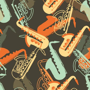 Sax Fun Night Müzikal Parti Vektörü Grafik Sanatsız Desen, arka plan ve giyim tasarımı için kullanılabilir