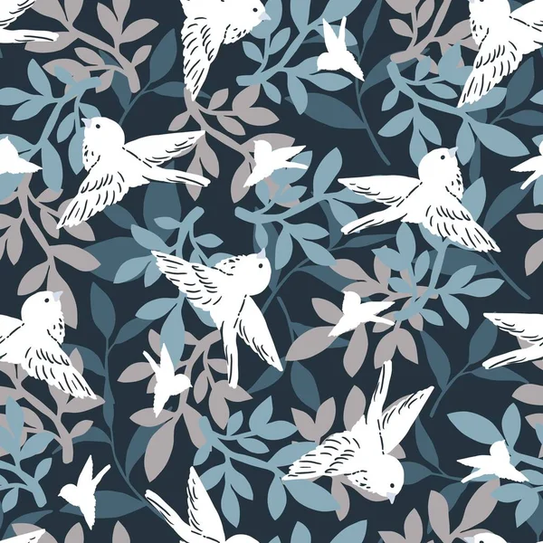 Night Garden White Birds Wektor Graficzny Bezszwowy Wzór Może Być — Wektor stockowy