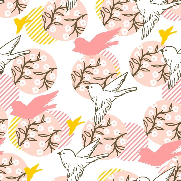 Abstrait Printemps Floral Blanc Oiseaux Vectoriel Art Graphique Seamless Pattern — Image vectorielle