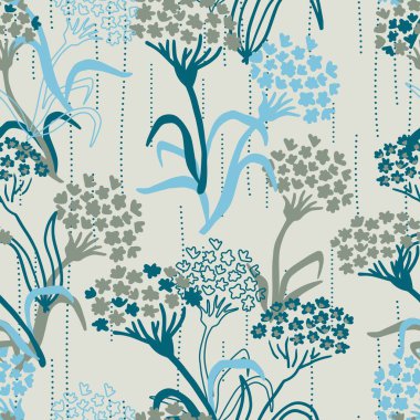 Yağmurlu Günler 'de Mavi Çiçek Bahçesi Vektör Grafik Sanatsal Kusursuz Desen arka plan ve giyim tasarımı için kullanılabilir