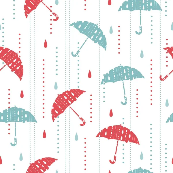 Red Blue Umbrella Rainy Day Vector Graphic Art Seamless Pattern — Stock Vector