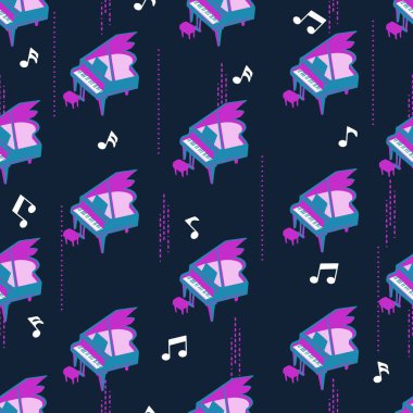 Piyano Müzik Enstrümanları Vektör Grafiği ile Retro Kusursuz Deseni arkaplan ve giyim tasarımı için kullanılabilir