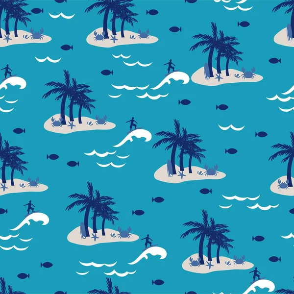 Happy Surfing Small Summer Island Vector Graphic Seamless Pattern Can — стоковый вектор