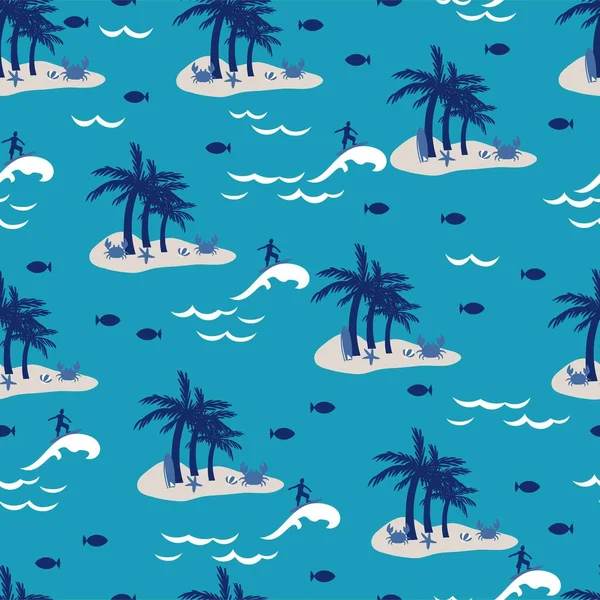 Happy Surfing Och Small Summer Island Vector Graphic Seamless Mönster — Stock vektor