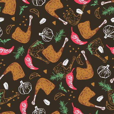 Ev yapımı Baharatlı Bitkisel Kızarmış Tavuk Vektörü Kusursuz Desen arka plan ve giysi tasarımı için kullanılabilir