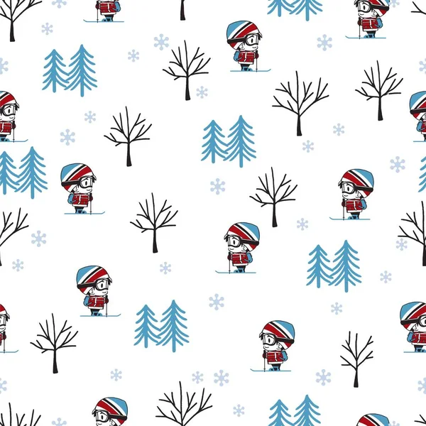 Winter Happy Ski Boys Vector Graphic Art Seamless Pattern Can — стоковый вектор